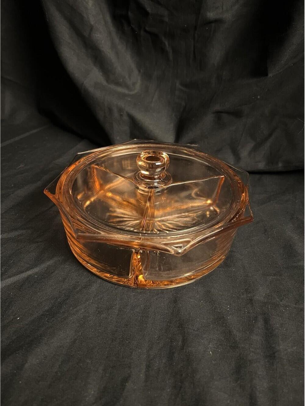 VTG Pink Depression Glass Candy Nut Relish Divided Starburst Dish W/Lid 1930s